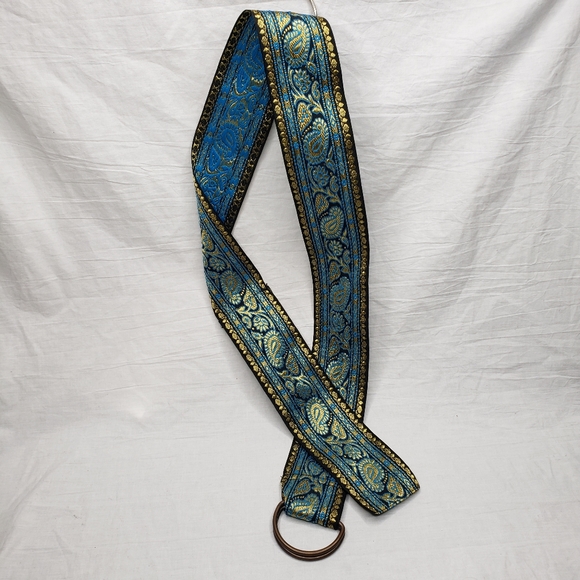 Vintage Adjustable Boho Fabric Belt D Ring Metallic Gold Thread Paisley - Picture 6 of 6